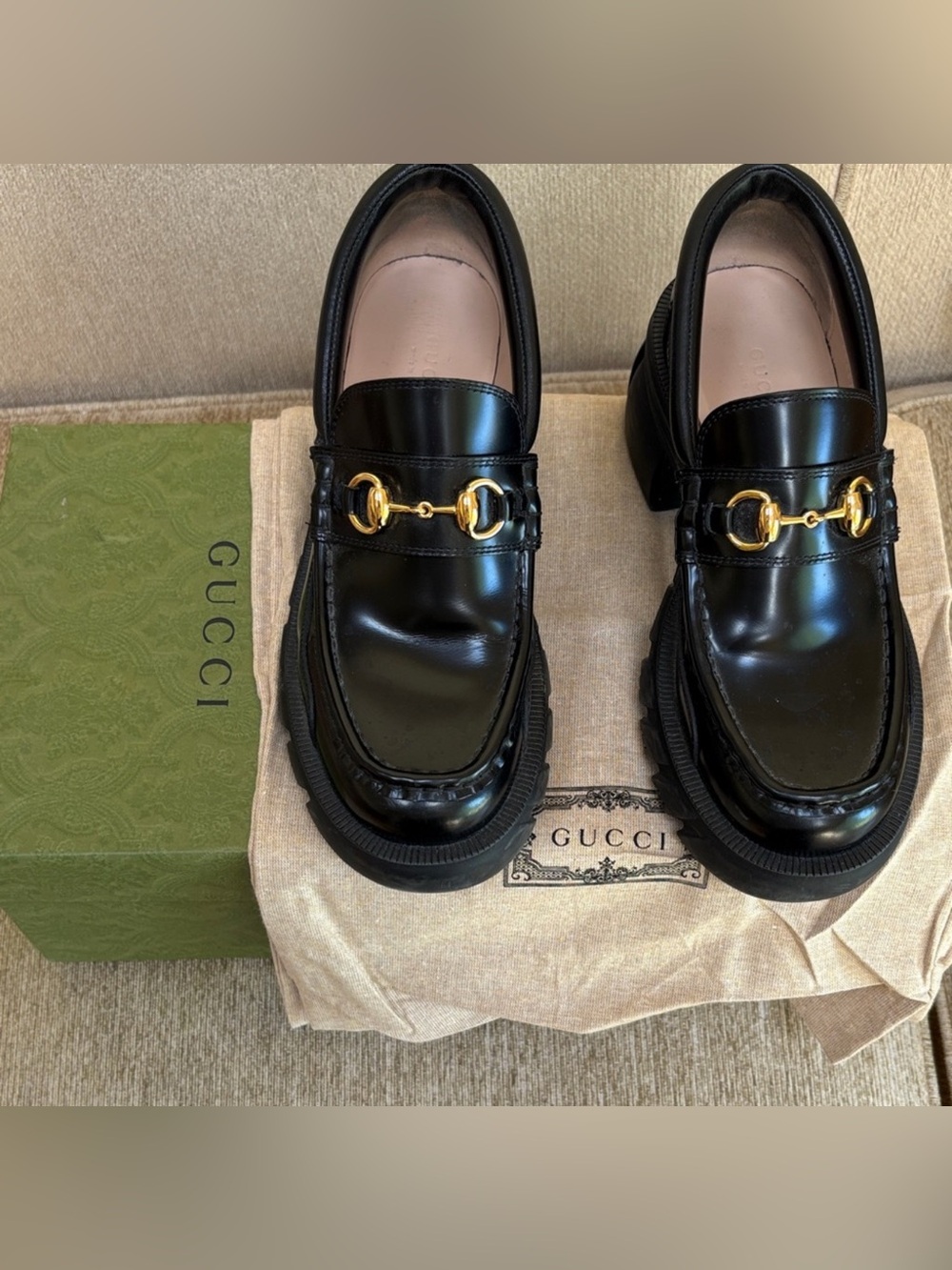 Gucci Black Leather Platform Loafer with Gold Horsebit